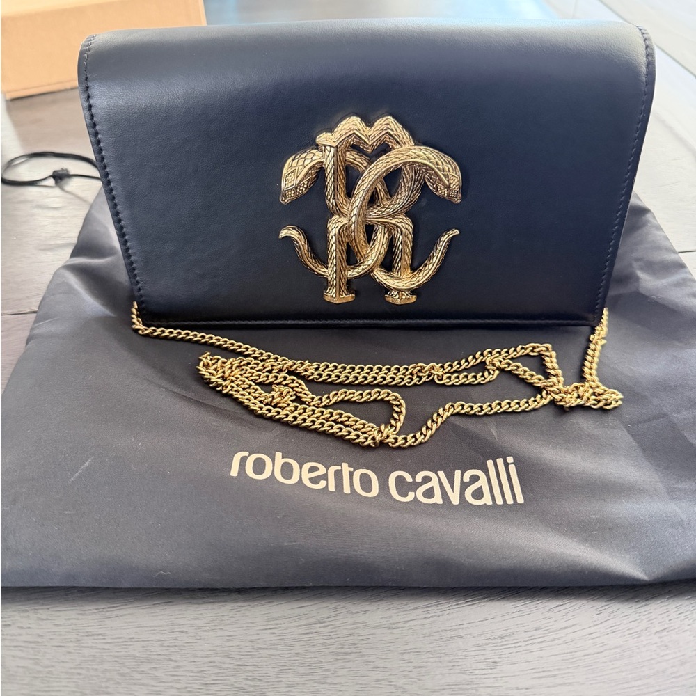 Roberto Cavalli Black Clutch with Gold Chain
